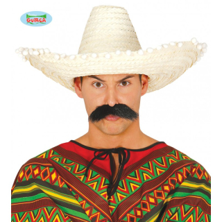 Mexický klobouk 50 cm s pompony přírodní
